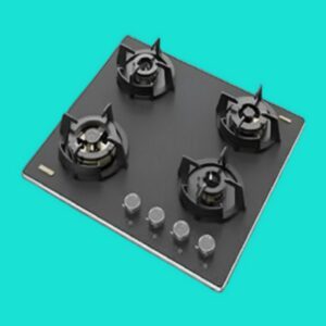 "Four-burner gas stove with stainless steel finish and auto ignition"
